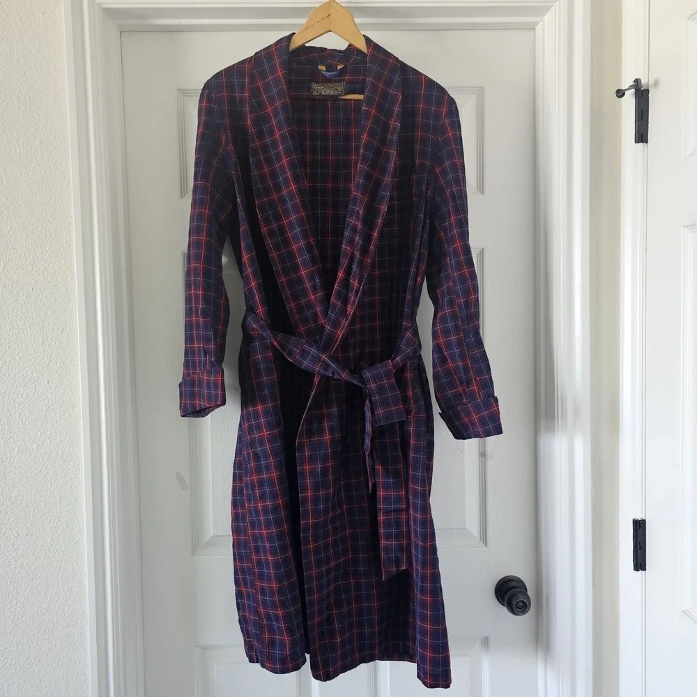 Vintage Pendleton Virgin Wool Robe Navy Red Plaid Belted Medium Portland OR #4